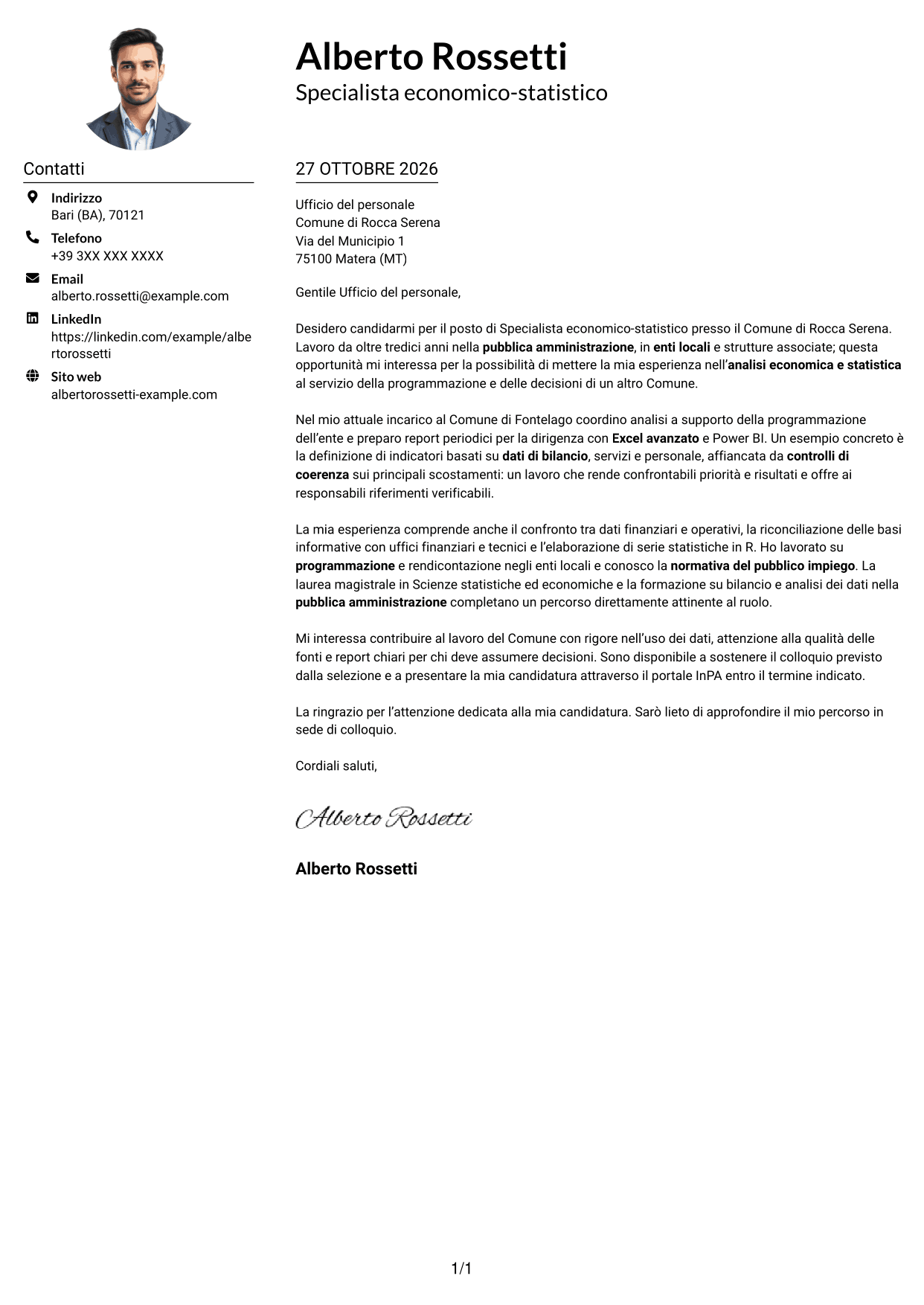 Esempio di lettera di presentazione — pagina 1