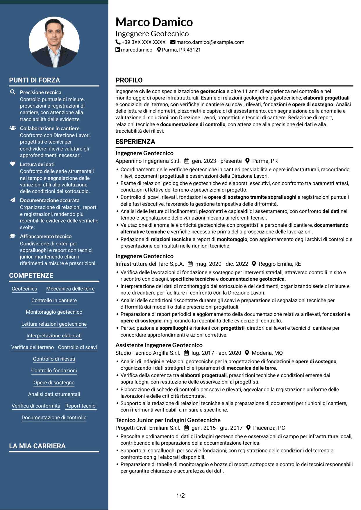 CV Elegante (formato con colonna laterale colorata e foto): Specialista Geotecnico, pagina 1
