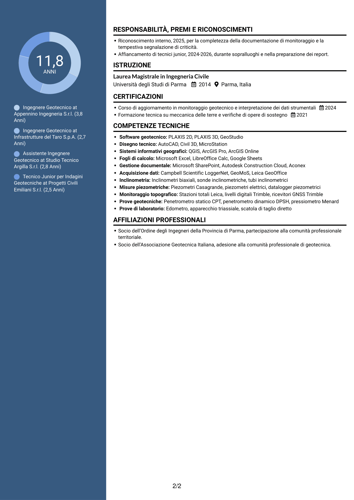 CV Elegante (formato con colonna laterale colorata e foto): Specialista Geotecnico, pagina 2