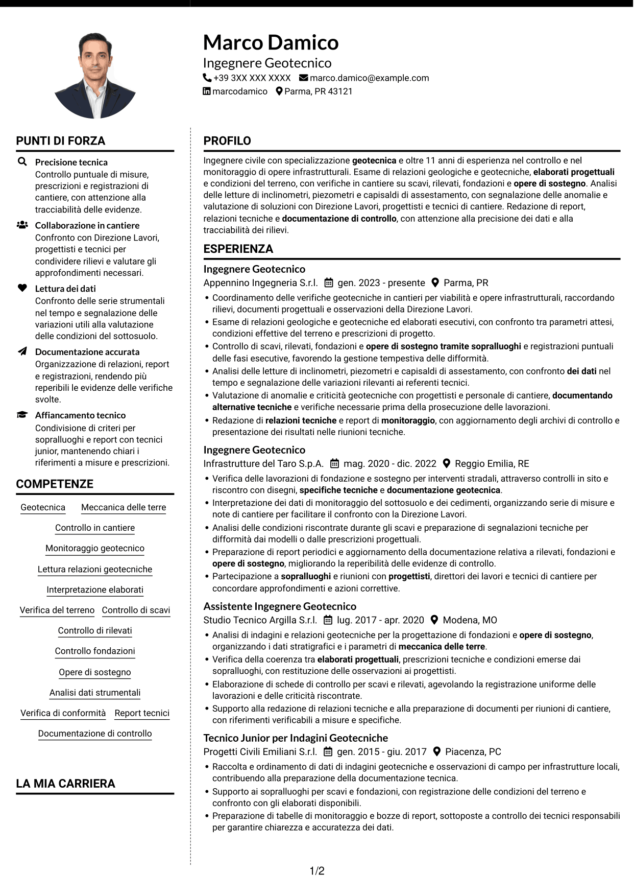 CV Moderno (formato a due colonne con foto a sinistra e separatore): Specialista Geotecnico, pagina 1