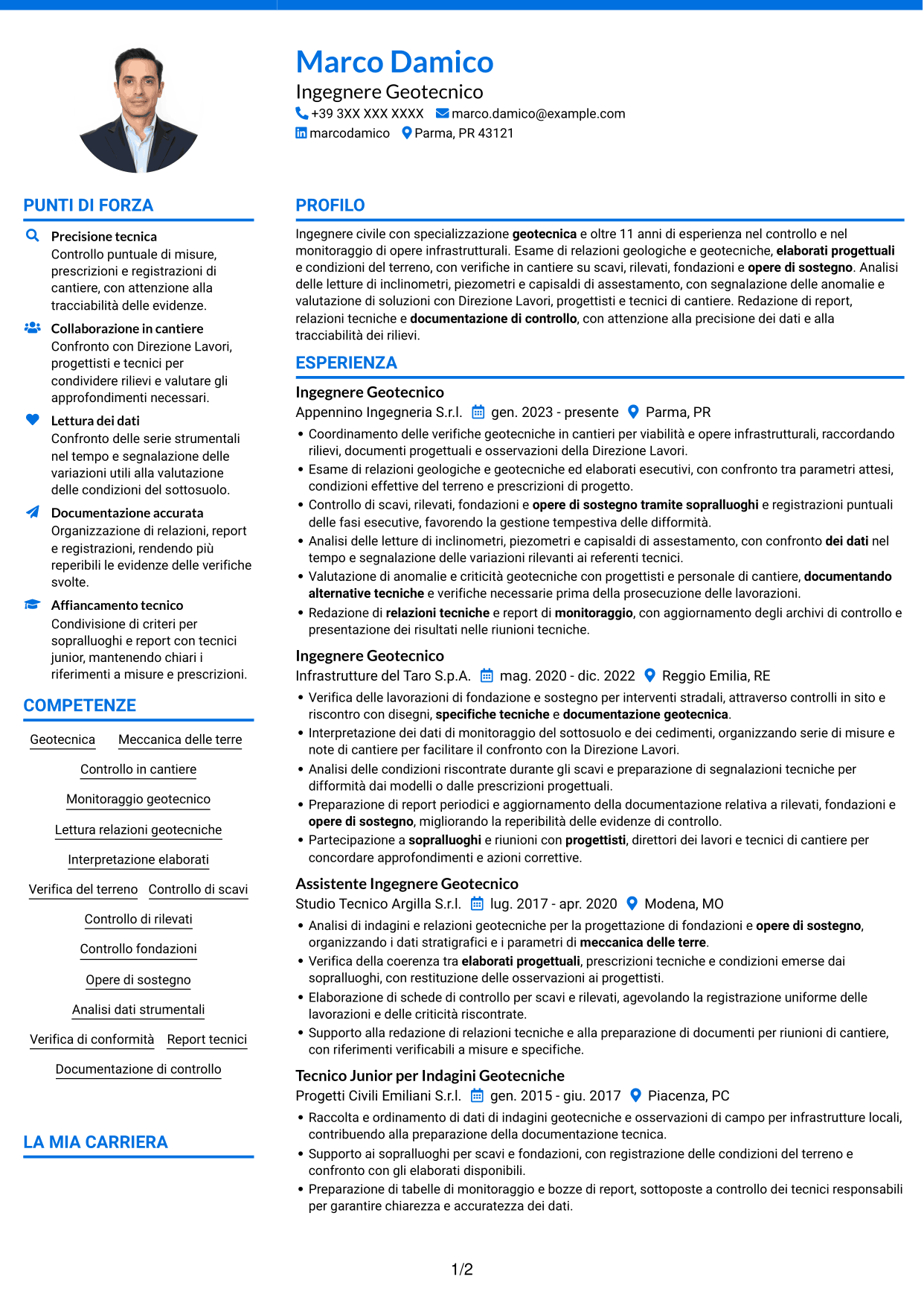 CV Audace (formato a due colonne con accenti colorati e foto): Specialista Geotecnico, pagina 1