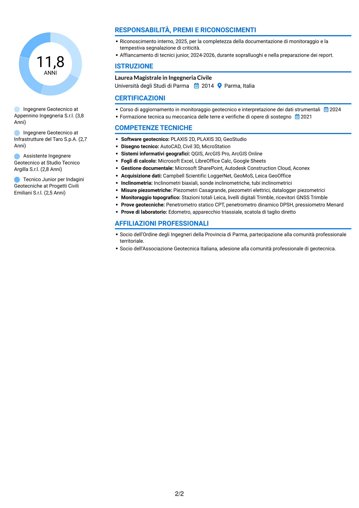 CV Audace (formato a due colonne con accenti colorati e foto): Specialista Geotecnico, pagina 2
