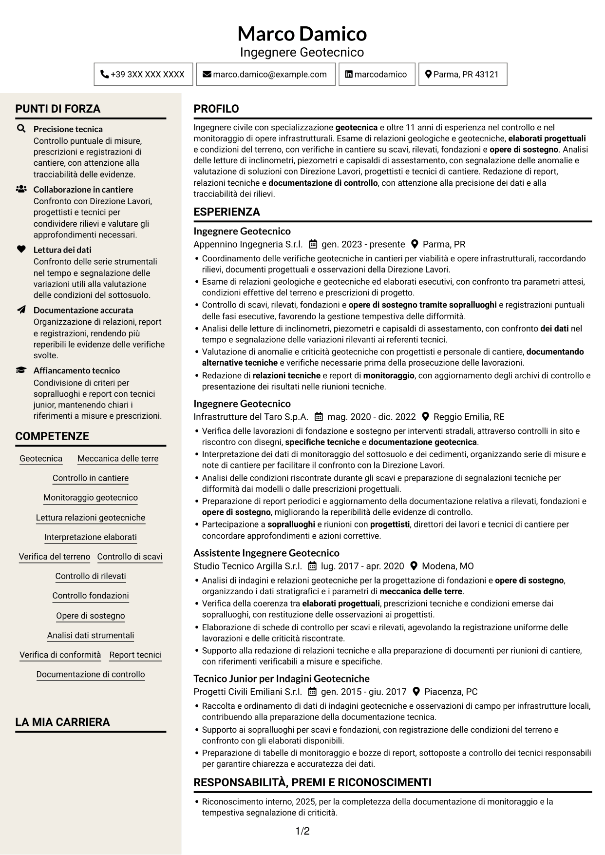 CV Intraprendente (formato a due colonne con intestazione centrata senza foto): Specialista Geotecnico, pagina 1
