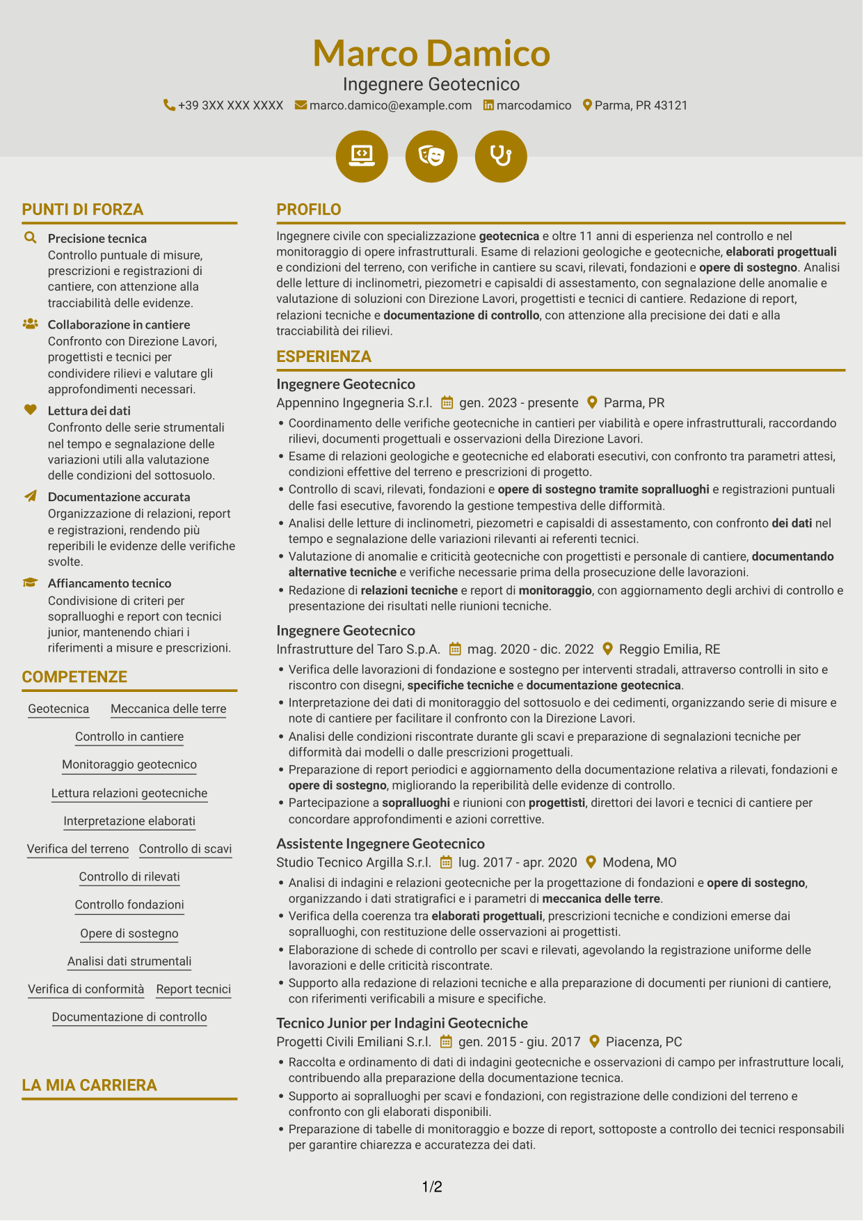 CV Dinamico (formato a due colonne con icone): Specialista Geotecnico, pagina 1