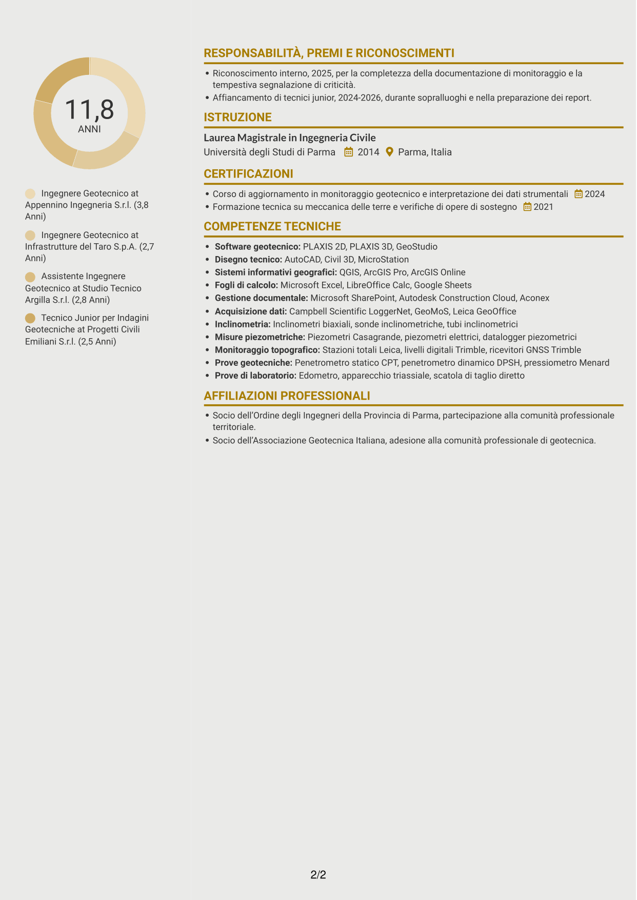 CV Dinamico (formato a due colonne con icone): Specialista Geotecnico, pagina 2
