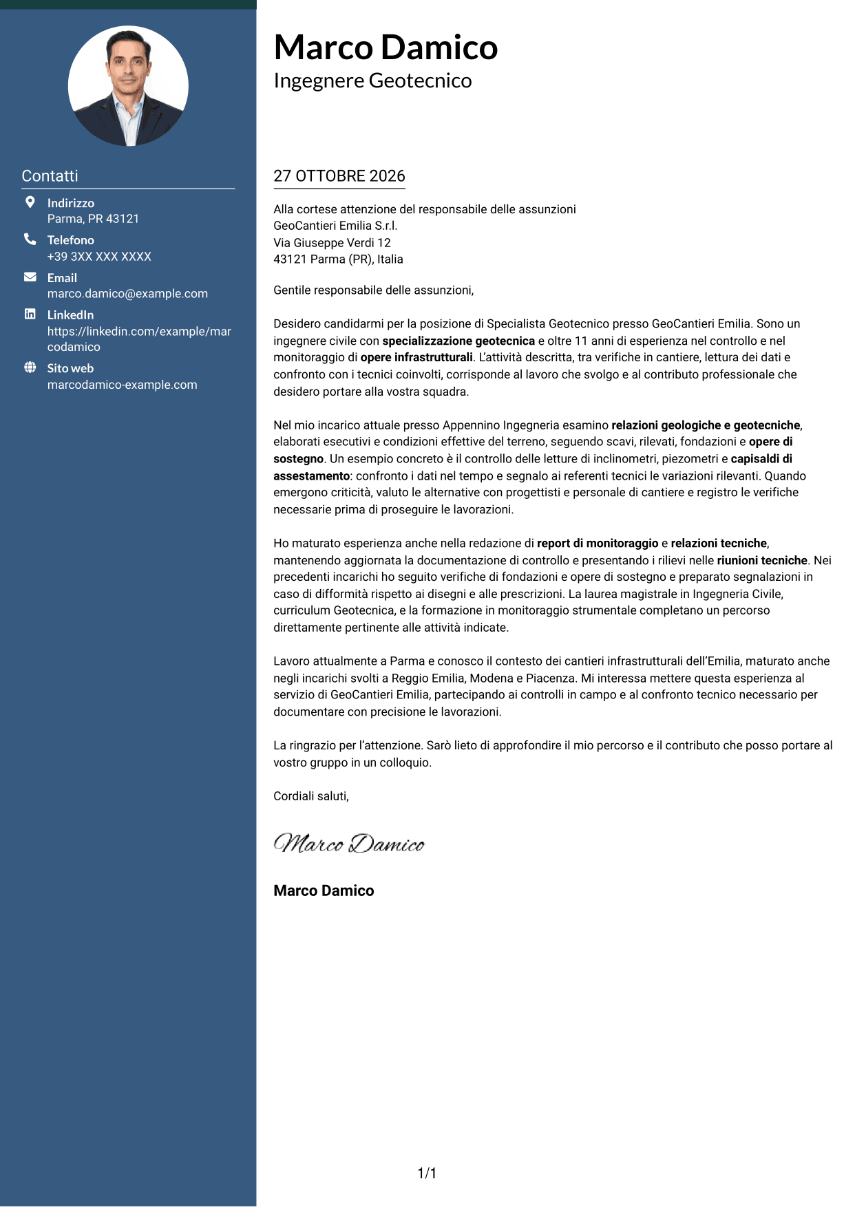 Lettera di presentazione Elegante (formato con colonna laterale colorata e foto): Specialista Geotecnico, pagina 1