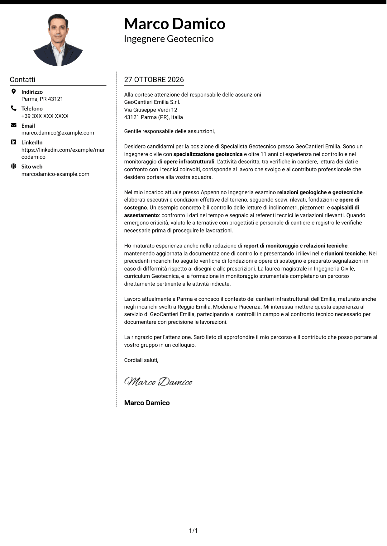 Lettera di presentazione Moderno (formato a due colonne con foto a sinistra e separatore): Specialista Geotecnico, pagina 1