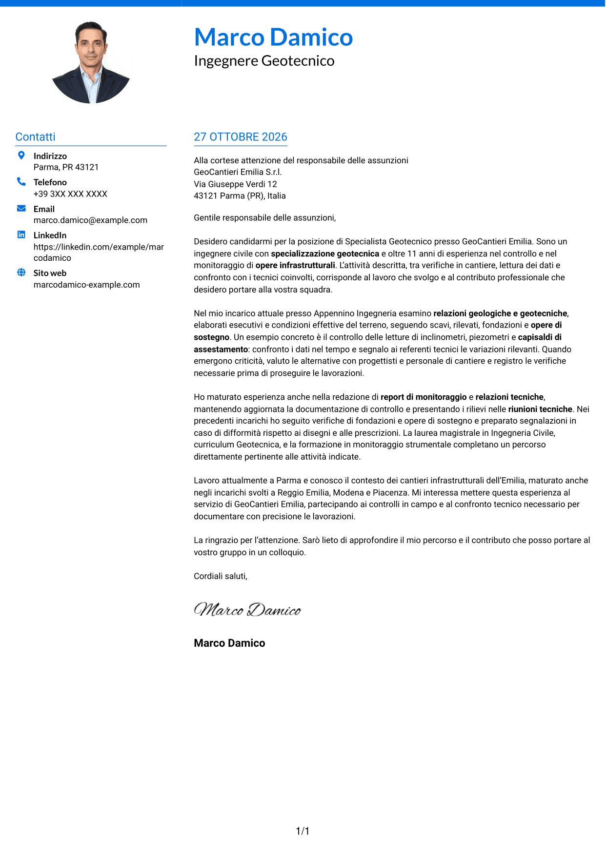 Lettera di presentazione Audace (formato a due colonne con accenti colorati e foto): Specialista Geotecnico, pagina 1