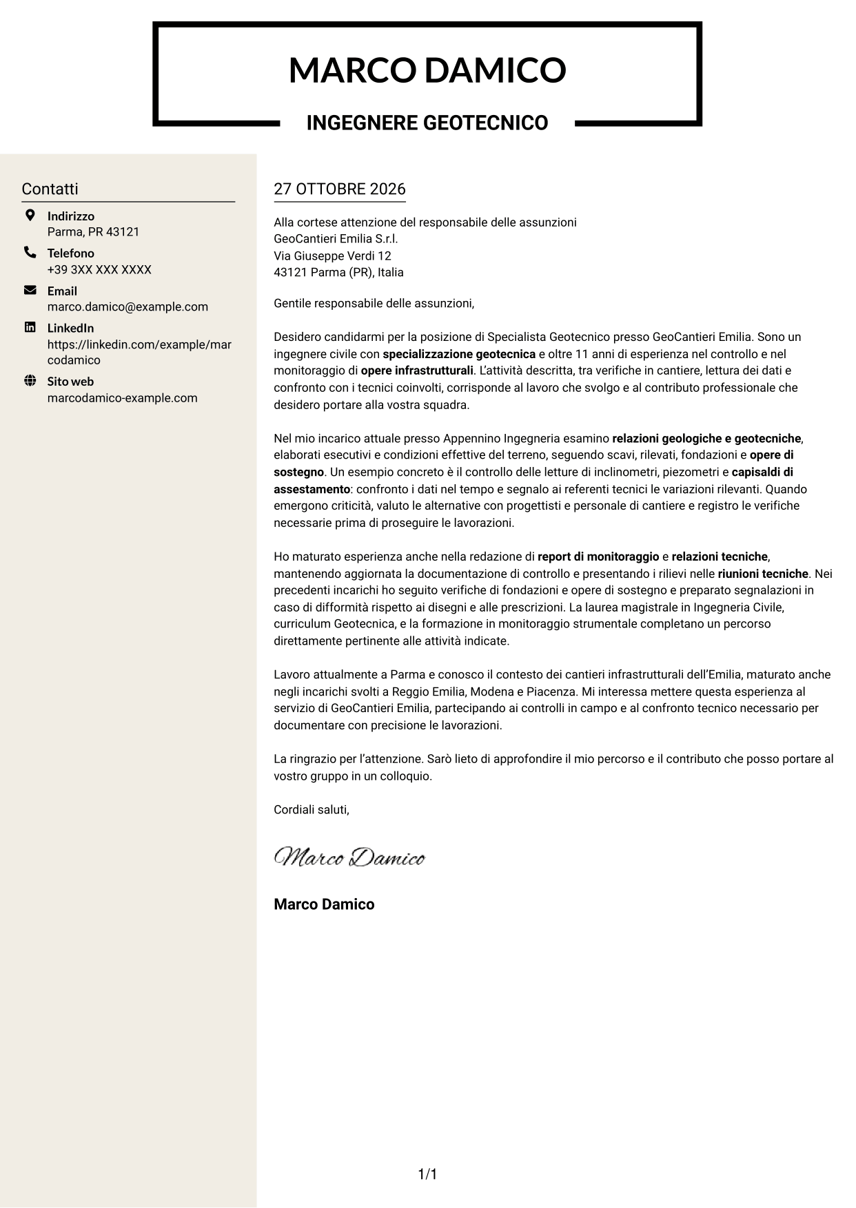 Lettera di presentazione Intraprendente (formato a due colonne con intestazione centrata senza foto): Specialista Geotecnico, pagina 1
