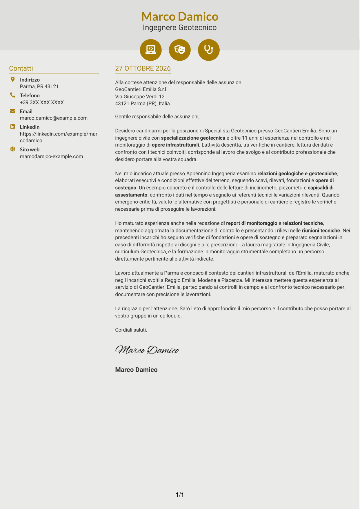 Lettera di presentazione Dinamico (formato a due colonne con icone): Specialista Geotecnico, pagina 1
