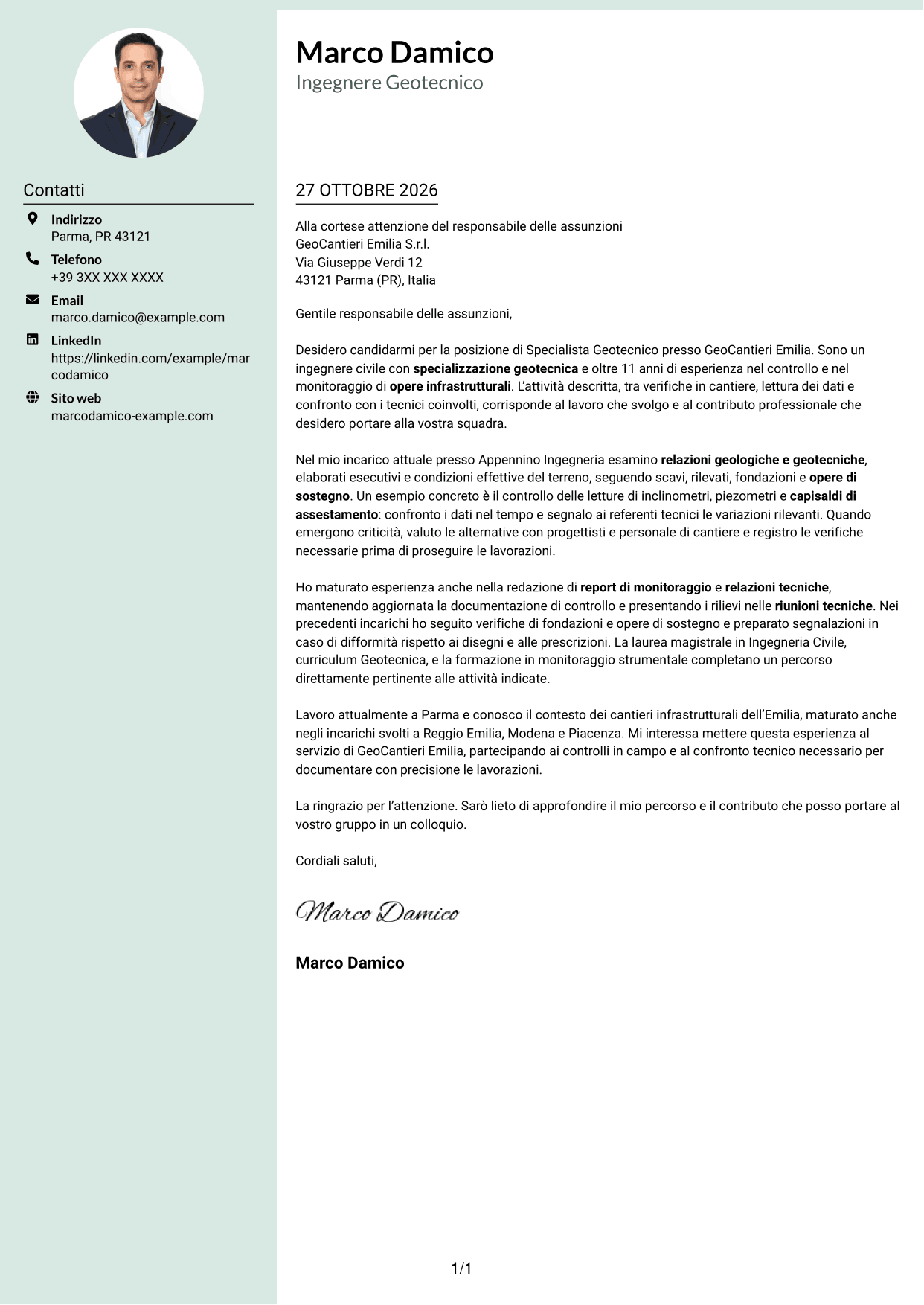 Lettera di presentazione Dirigente (formato con colonna laterale tenue e foto arrotondata): Specialista Geotecnico, pagina 1
