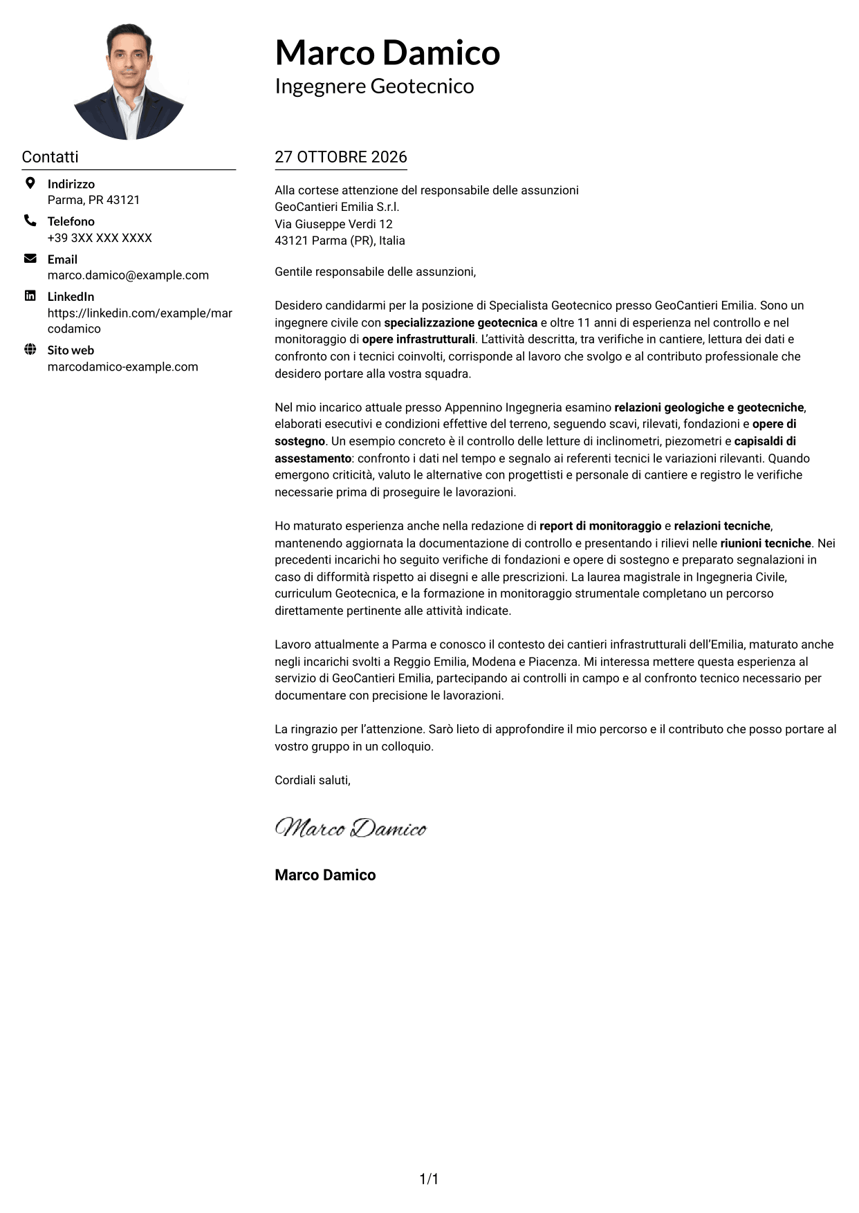 Esempio di lettera di presentazione — pagina 1