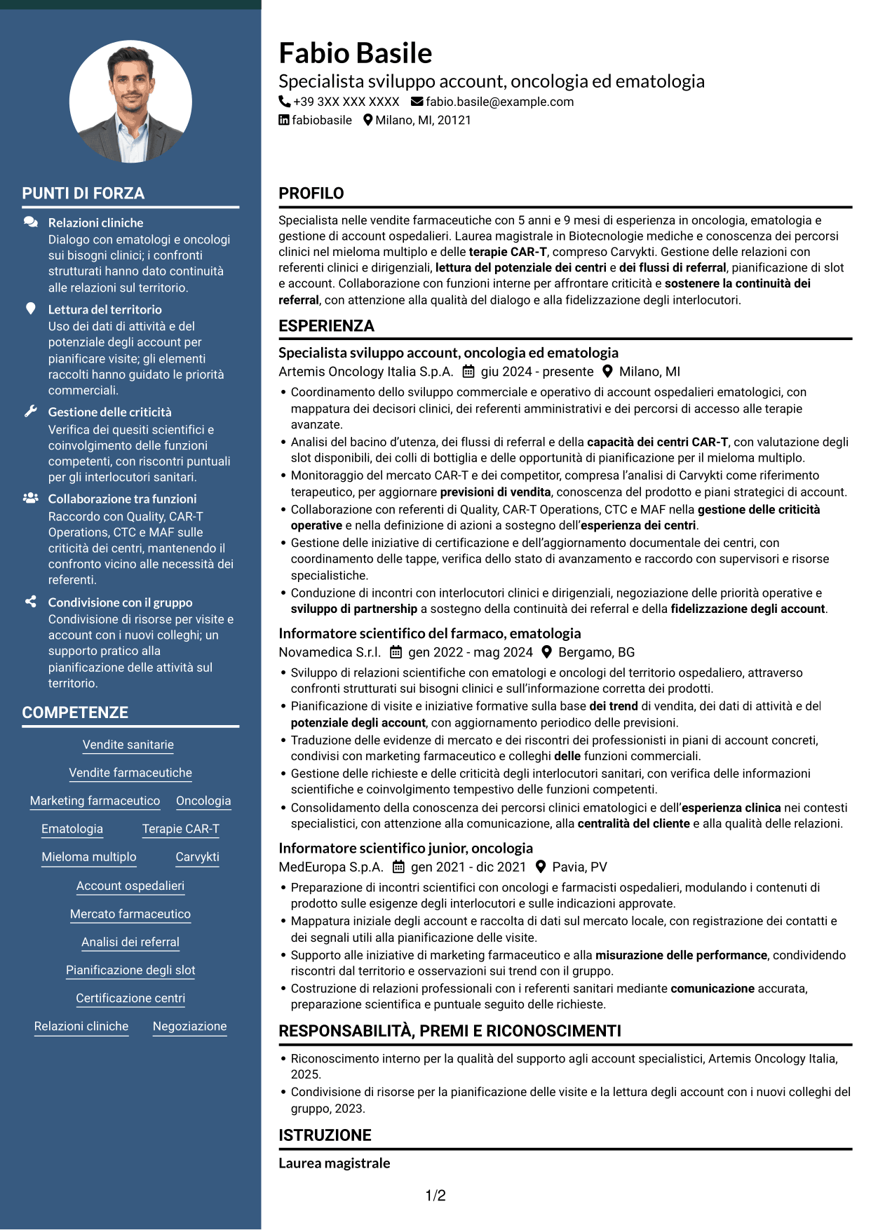 CV Elegante (formato con colonna laterale colorata e foto): Specialista gestione account - Terapie CAR-T per mieloma multiplo, pagina 1