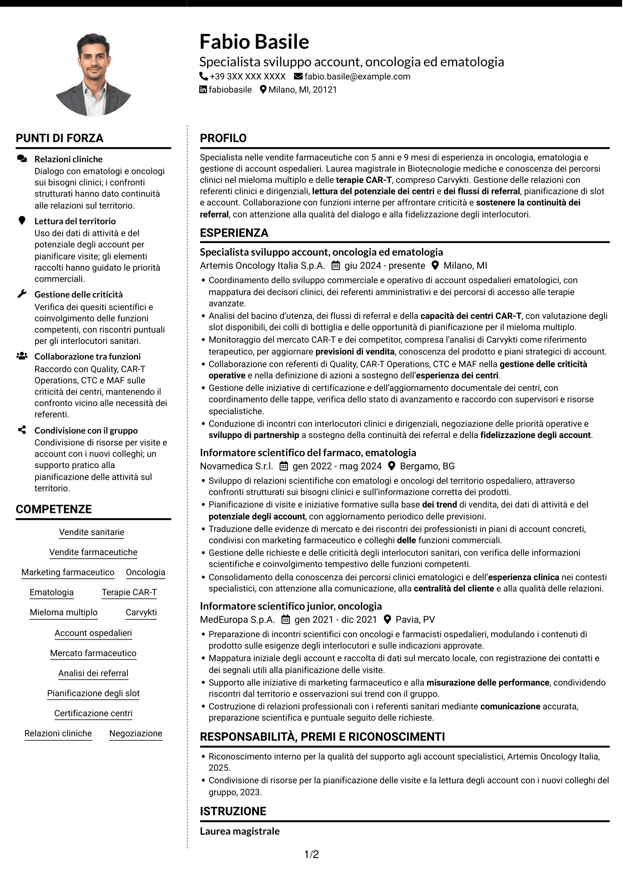 CV Moderno (formato a due colonne con foto a sinistra e separatore): Specialista gestione account - Terapie CAR-T per mieloma multiplo, pagina 1