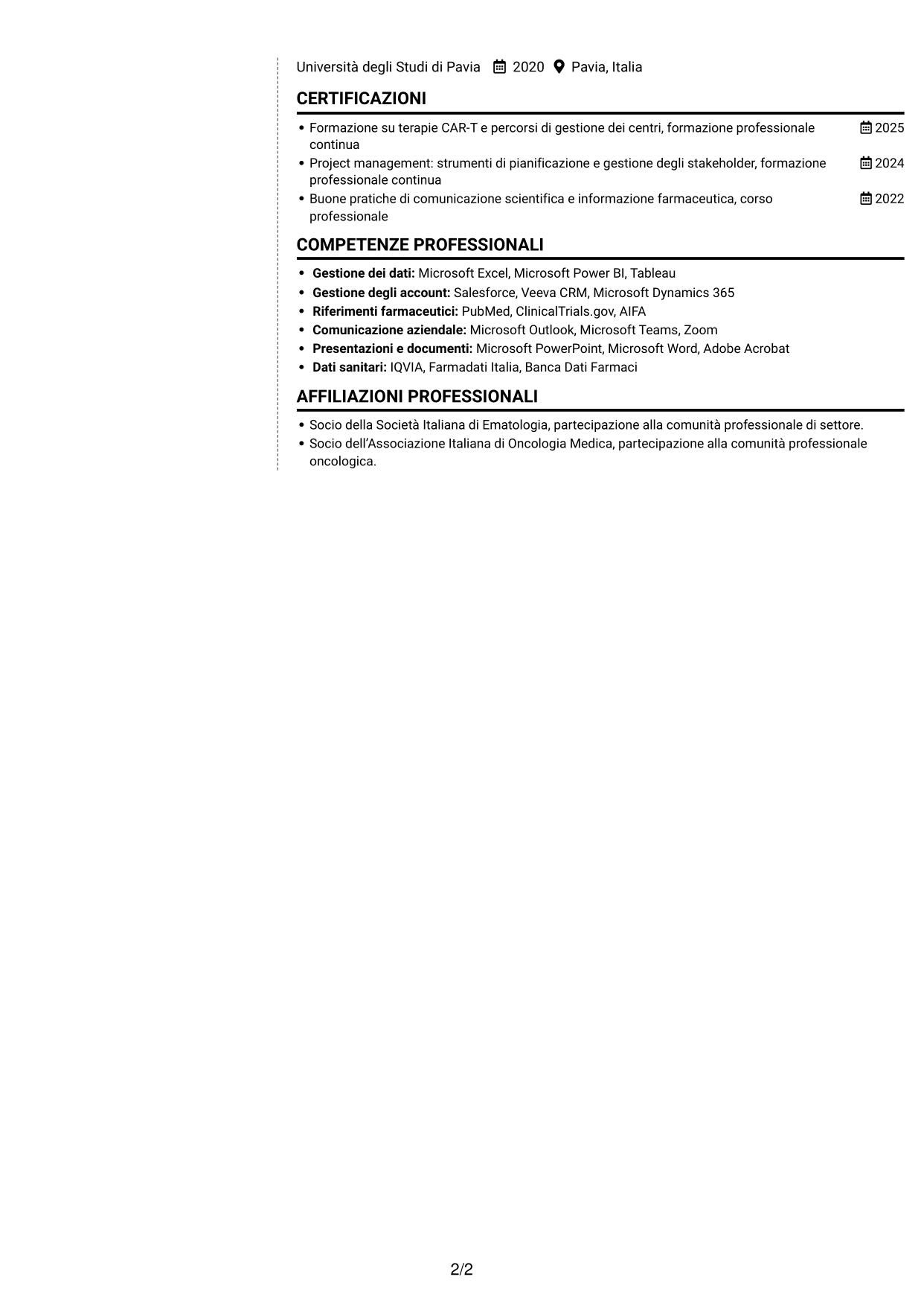 CV Moderno (formato a due colonne con foto a sinistra e separatore): Specialista gestione account - Terapie CAR-T per mieloma multiplo, pagina 2