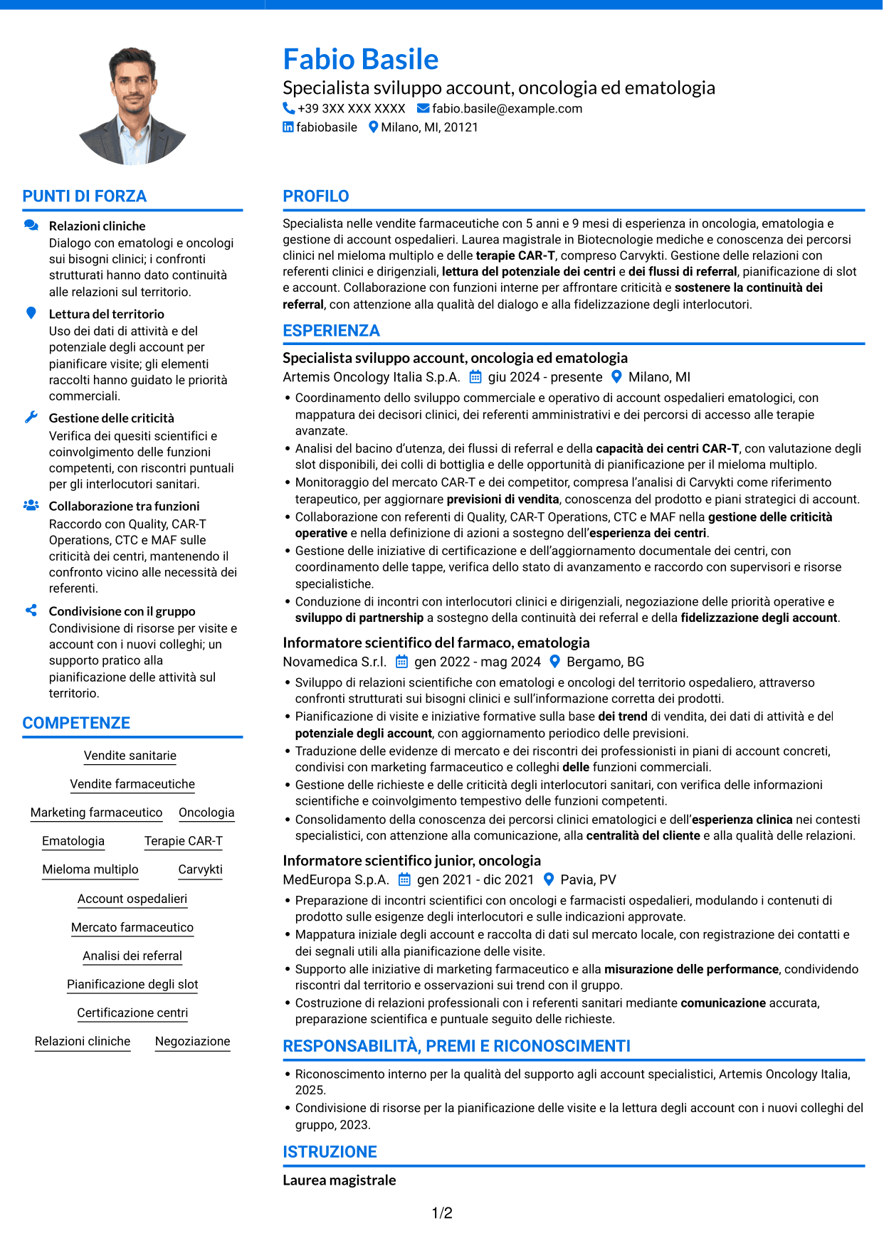 CV Audace (formato a due colonne con accenti colorati e foto): Specialista gestione account - Terapie CAR-T per mieloma multiplo, pagina 1
