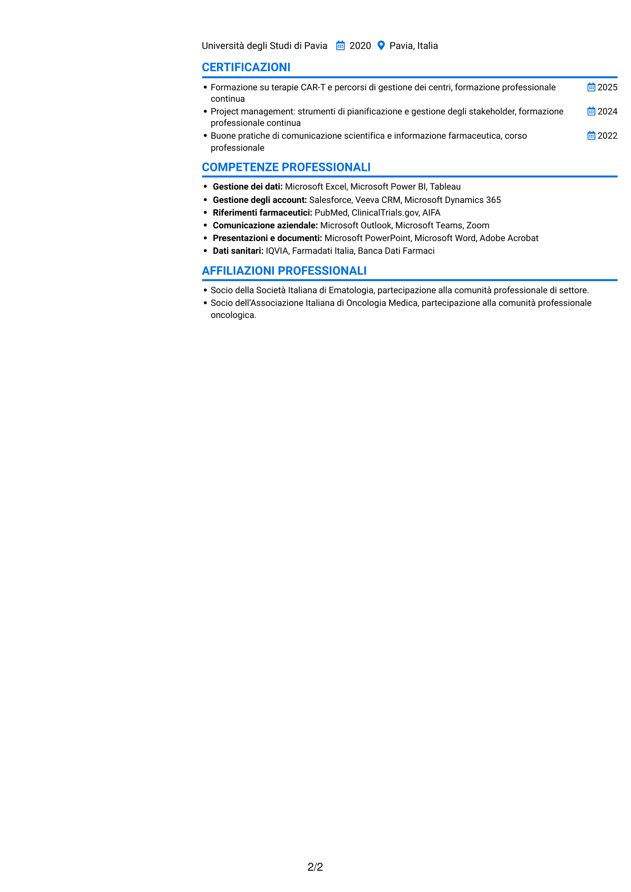CV Audace (formato a due colonne con accenti colorati e foto): Specialista gestione account - Terapie CAR-T per mieloma multiplo, pagina 2