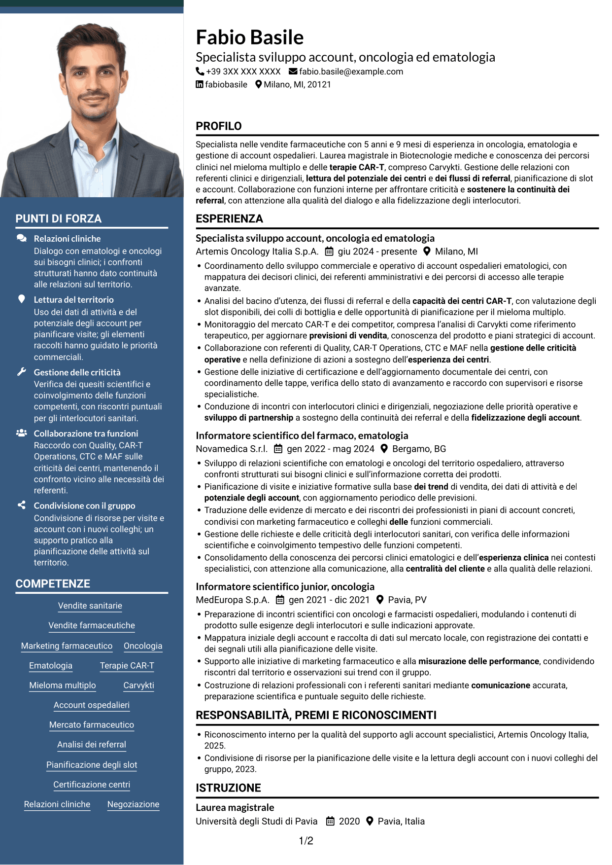 CV Signature (formato con colonna laterale colorata e foto grande): Specialista gestione account - Terapie CAR-T per mieloma multiplo, pagina 1