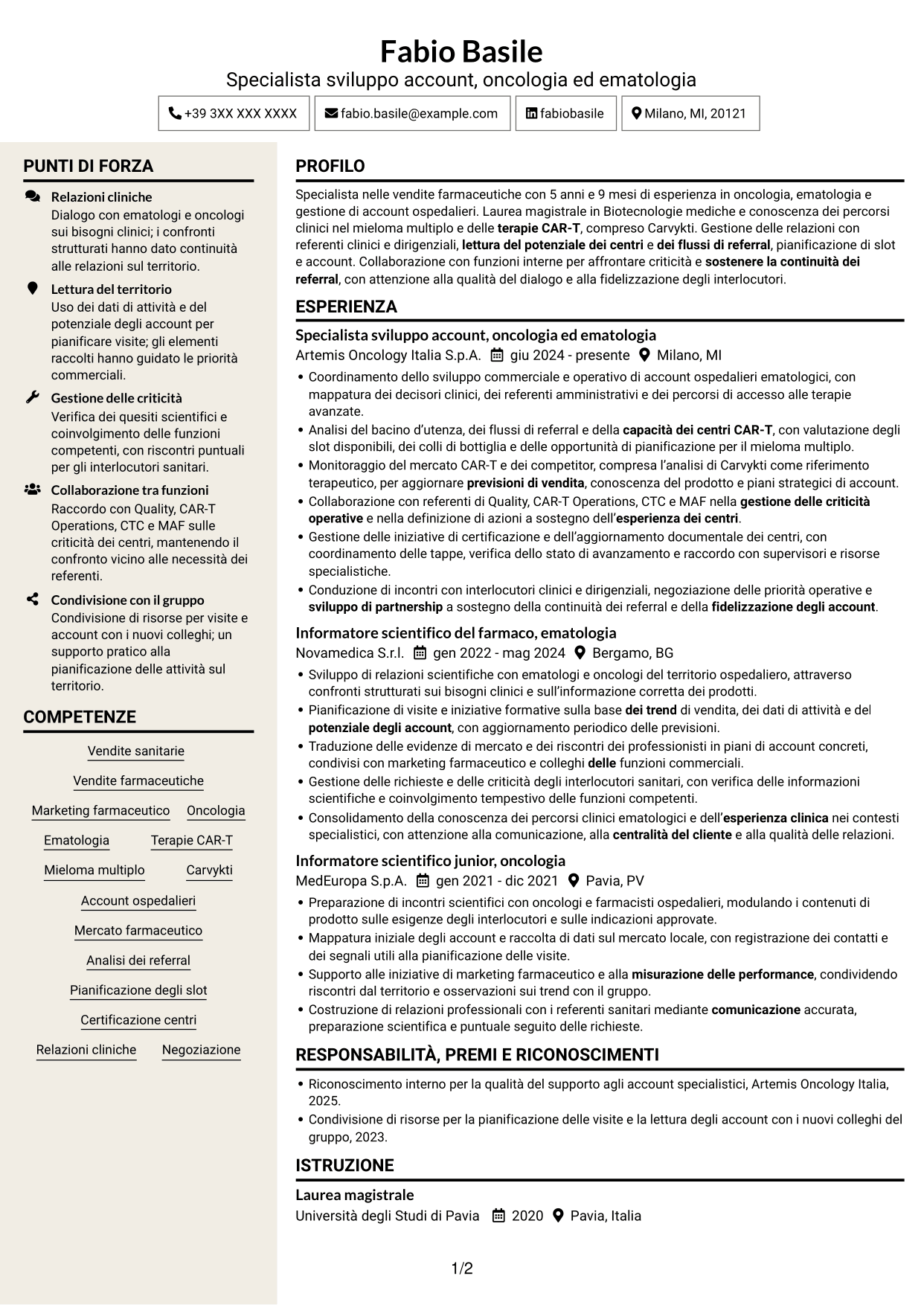 CV Intraprendente (formato a due colonne con intestazione centrata senza foto): Specialista gestione account - Terapie CAR-T per mieloma multiplo, pagina 1
