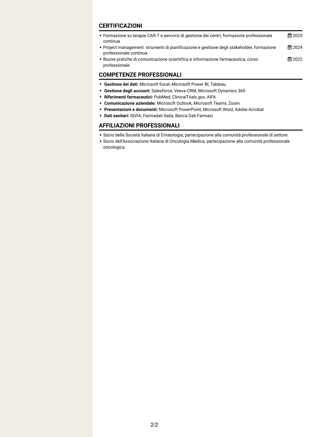 CV Intraprendente (formato a due colonne con intestazione centrata senza foto): Specialista gestione account - Terapie CAR-T per mieloma multiplo, pagina 2