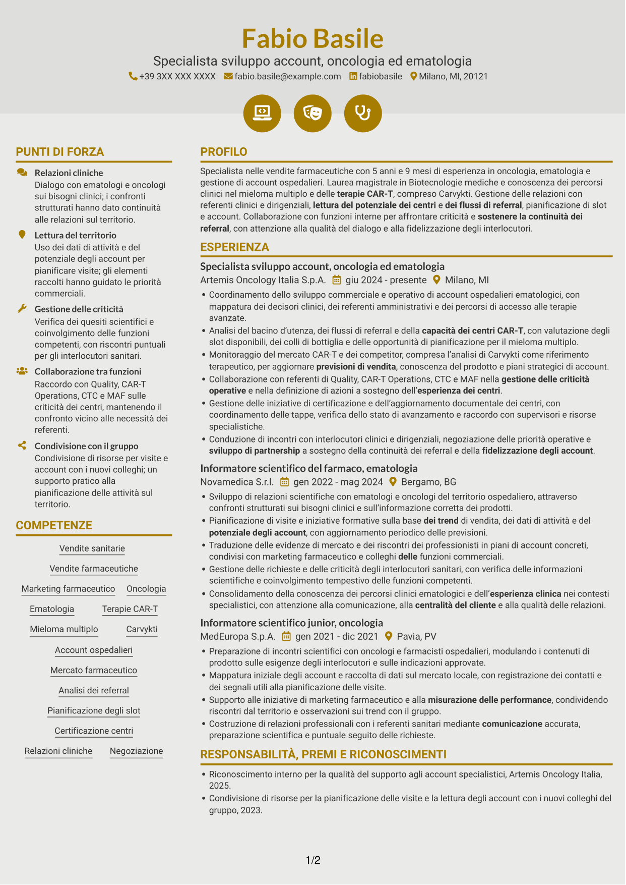 CV Dinamico (formato a due colonne con icone): Specialista gestione account - Terapie CAR-T per mieloma multiplo, pagina 1