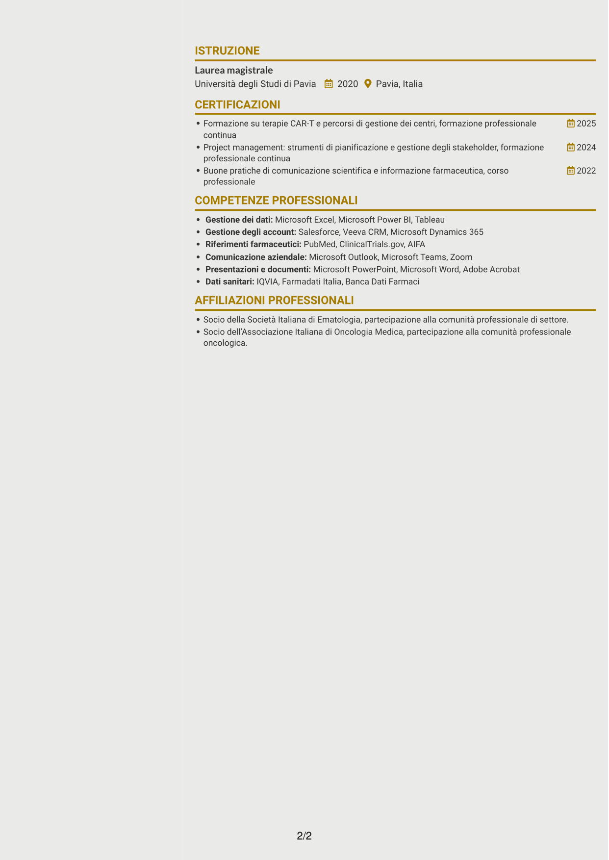 CV Dinamico (formato a due colonne con icone): Specialista gestione account - Terapie CAR-T per mieloma multiplo, pagina 2