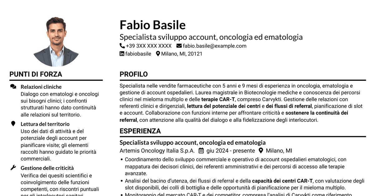 7 modelli di CV per Specialista gestione account - Terapie CAR-T per mieloma multiplo, con esempi