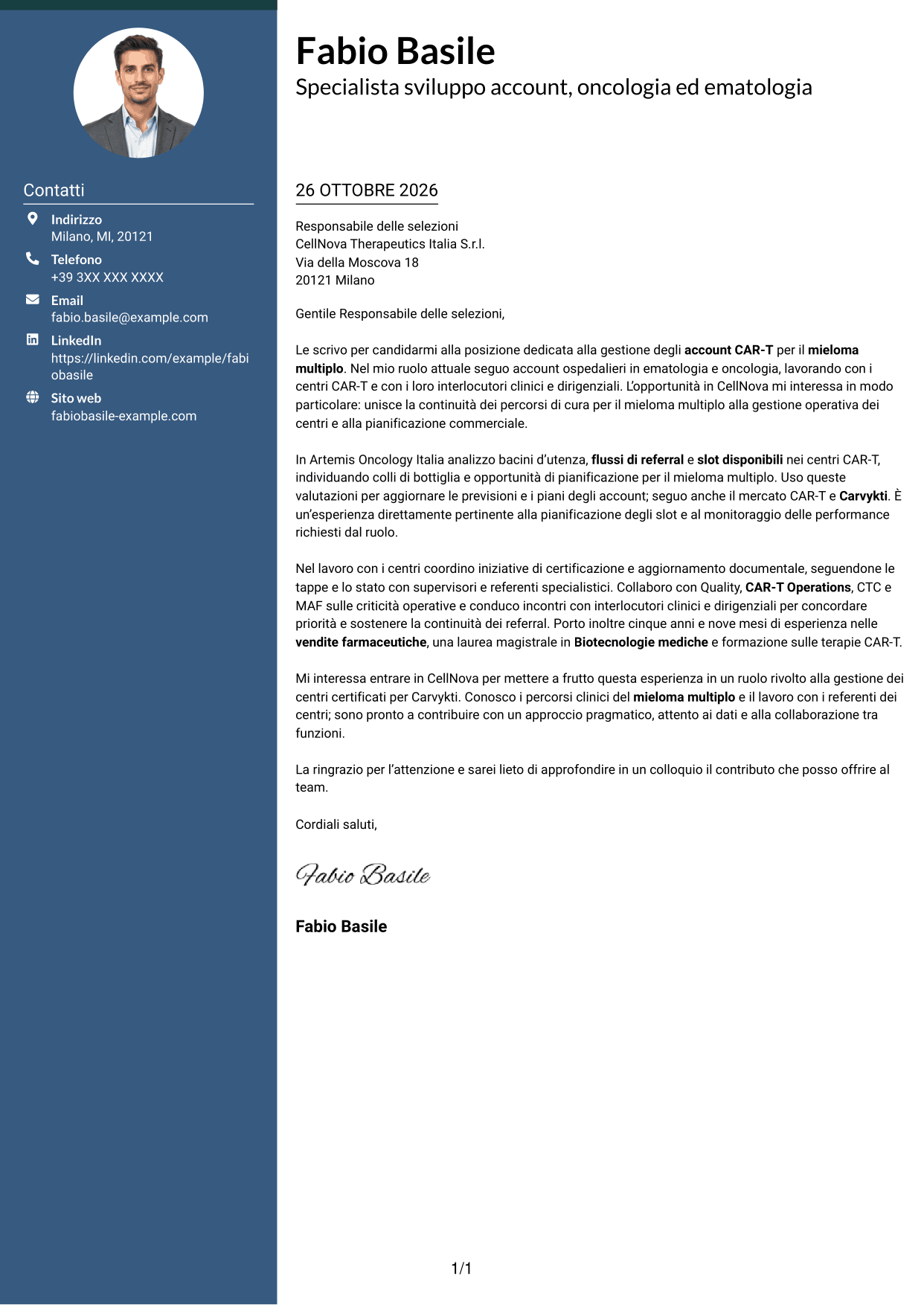 Lettera di presentazione Elegante (formato con colonna laterale colorata e foto): Specialista gestione account - Terapie CAR-T per mieloma multiplo, pagina 1