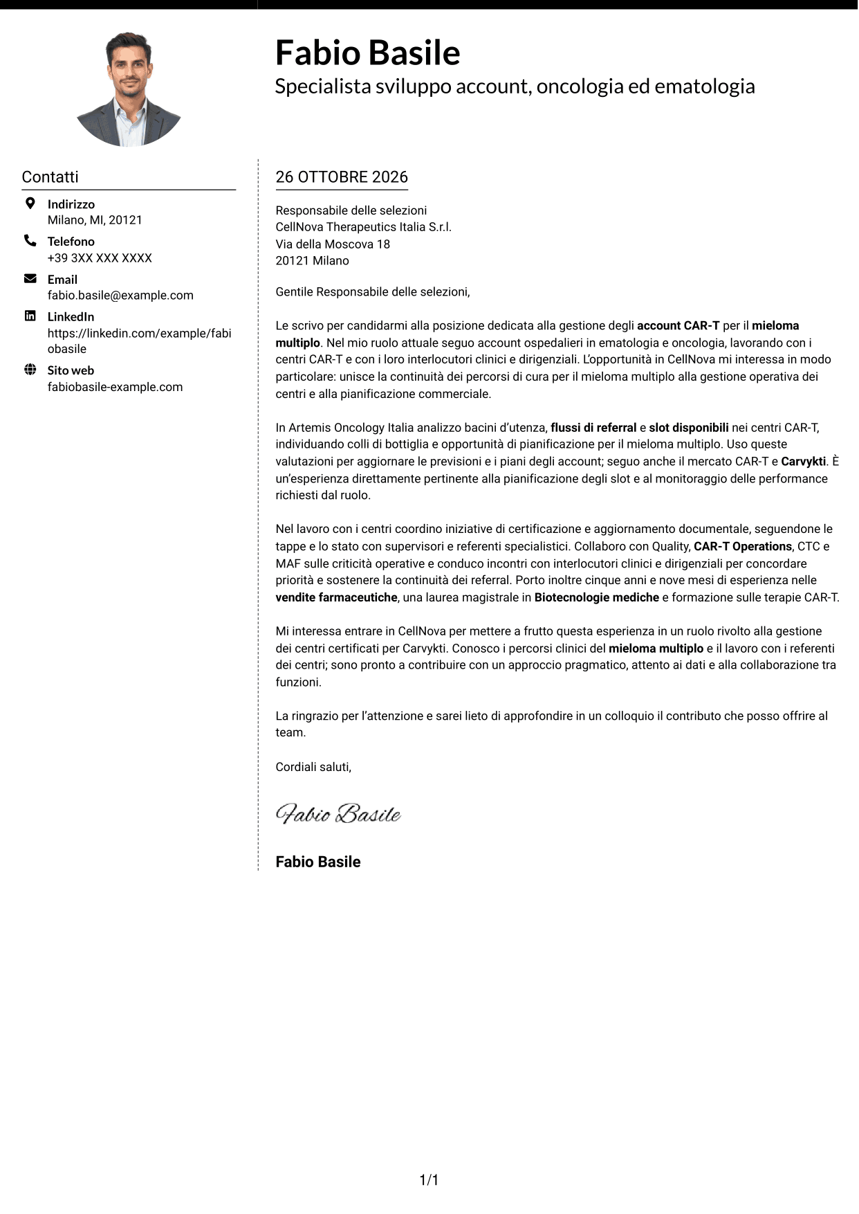 Lettera di presentazione Moderno (formato a due colonne con foto a sinistra e separatore): Specialista gestione account - Terapie CAR-T per mieloma multiplo, pagina 1