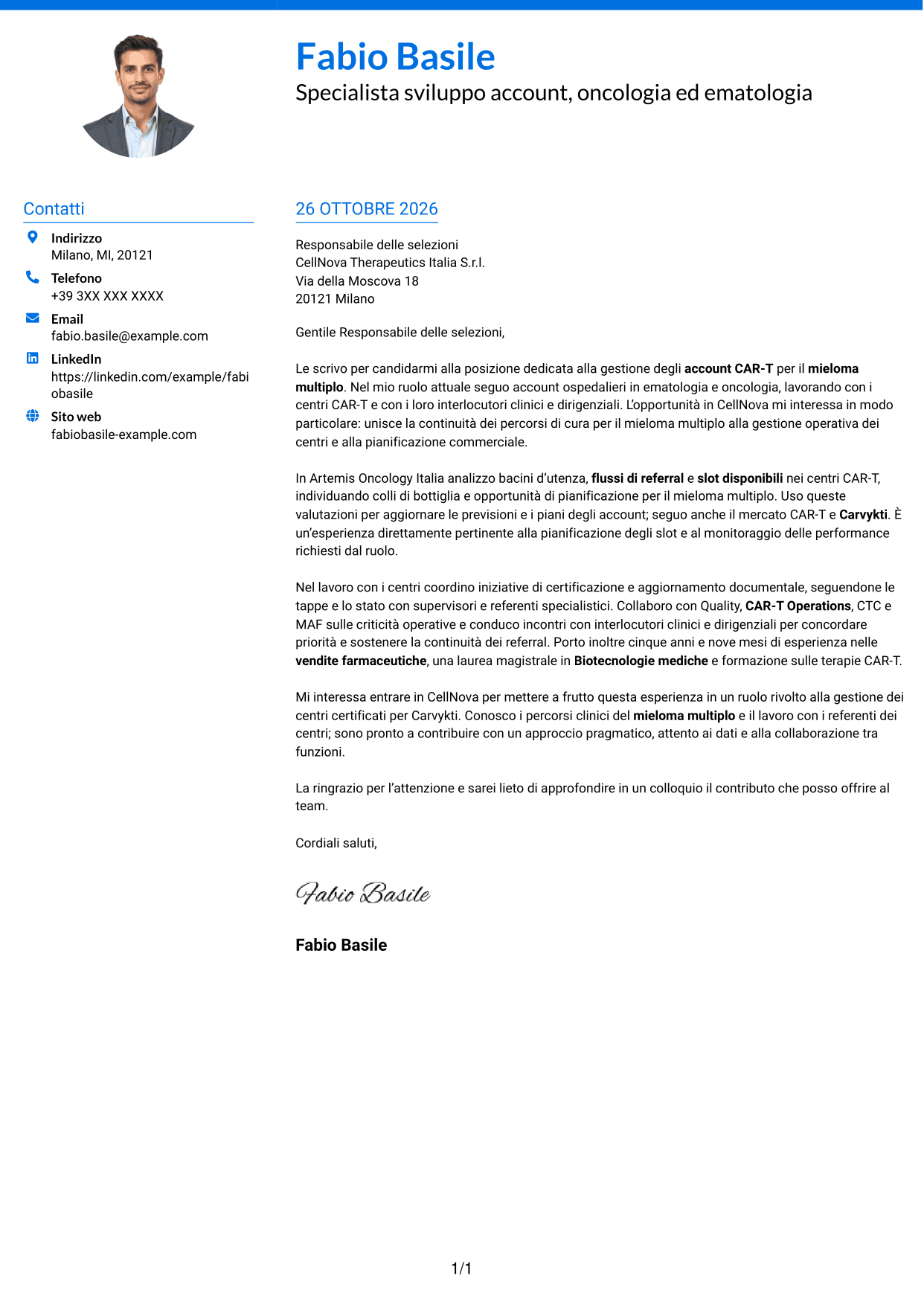 Lettera di presentazione Audace (formato a due colonne con accenti colorati e foto): Specialista gestione account - Terapie CAR-T per mieloma multiplo, pagina 1