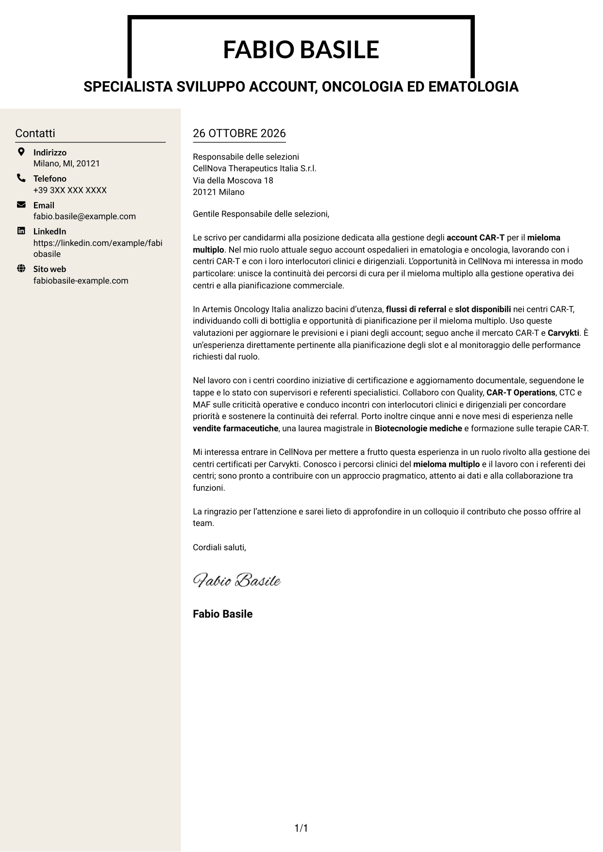 Lettera di presentazione Intraprendente (formato a due colonne con intestazione centrata senza foto): Specialista gestione account - Terapie CAR-T per mieloma multiplo, pagina 1