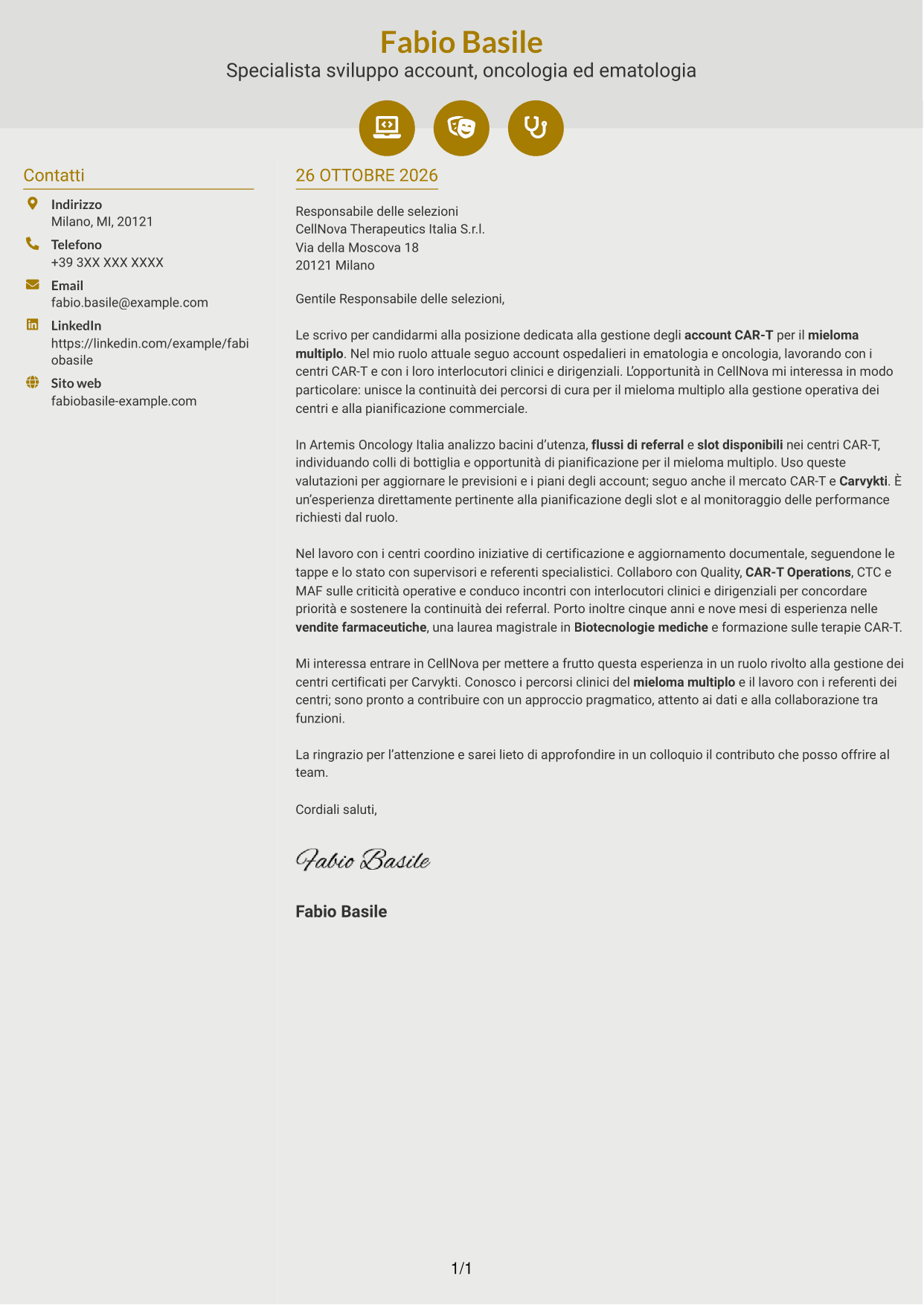 Lettera di presentazione Dinamico (formato a due colonne con icone): Specialista gestione account - Terapie CAR-T per mieloma multiplo, pagina 1