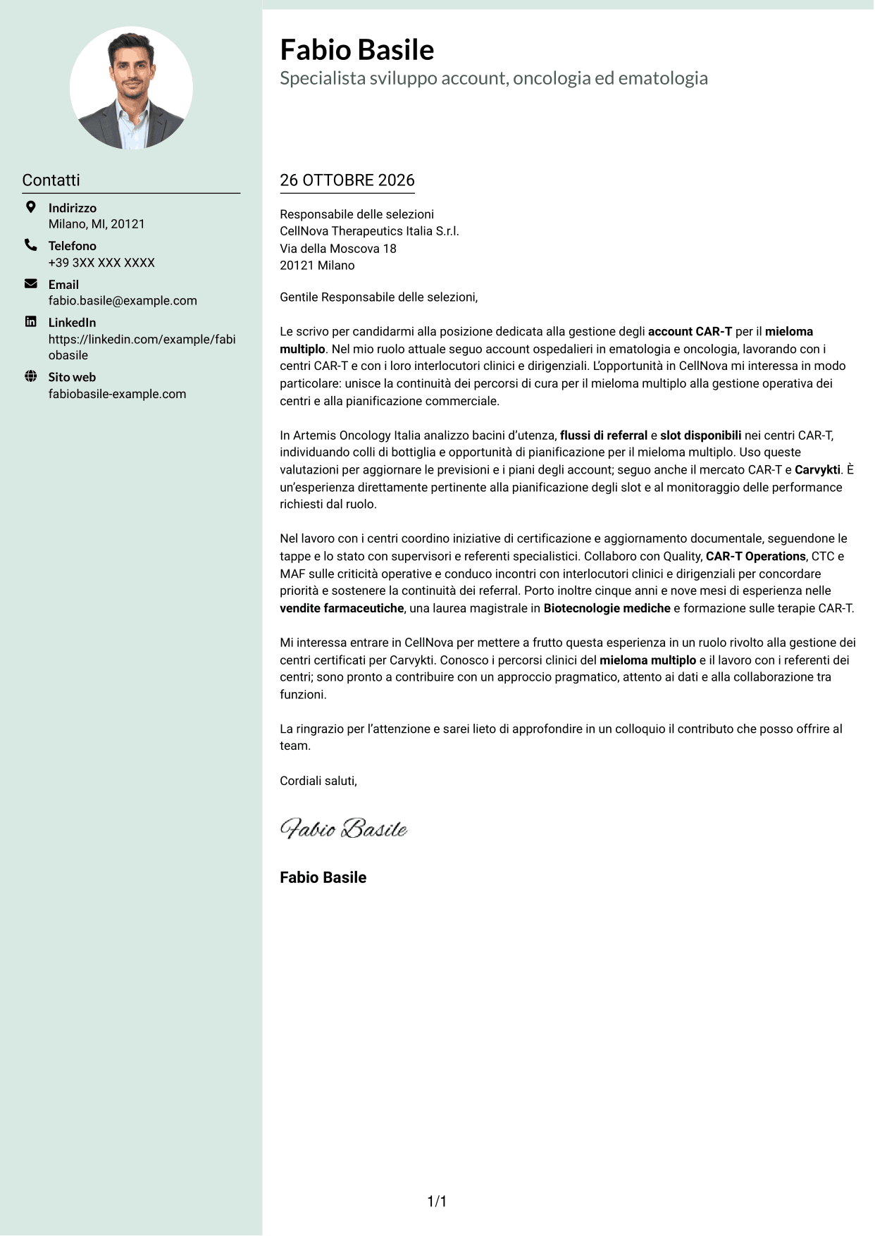 Lettera di presentazione Dirigente (formato con colonna laterale tenue e foto arrotondata): Specialista gestione account - Terapie CAR-T per mieloma multiplo, pagina 1