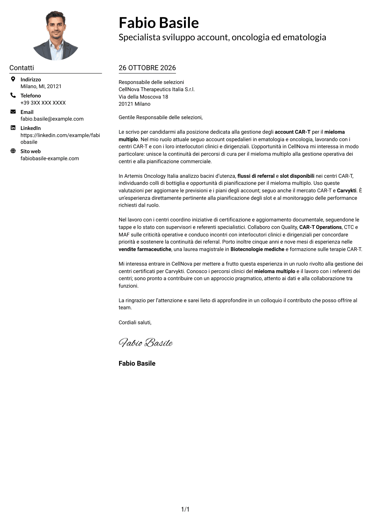 Esempio di lettera di presentazione — pagina 1