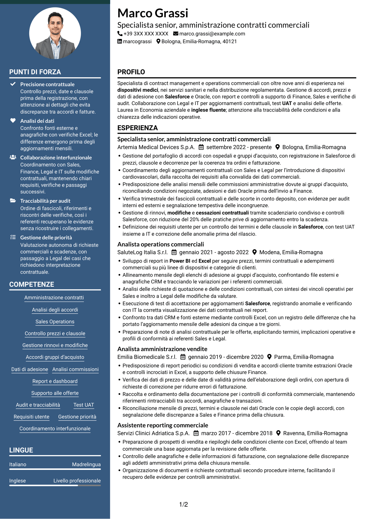 CV Elegante (formato con colonna laterale colorata e foto): Specialista gestione contratti - Dispositivi medici, pagina 1