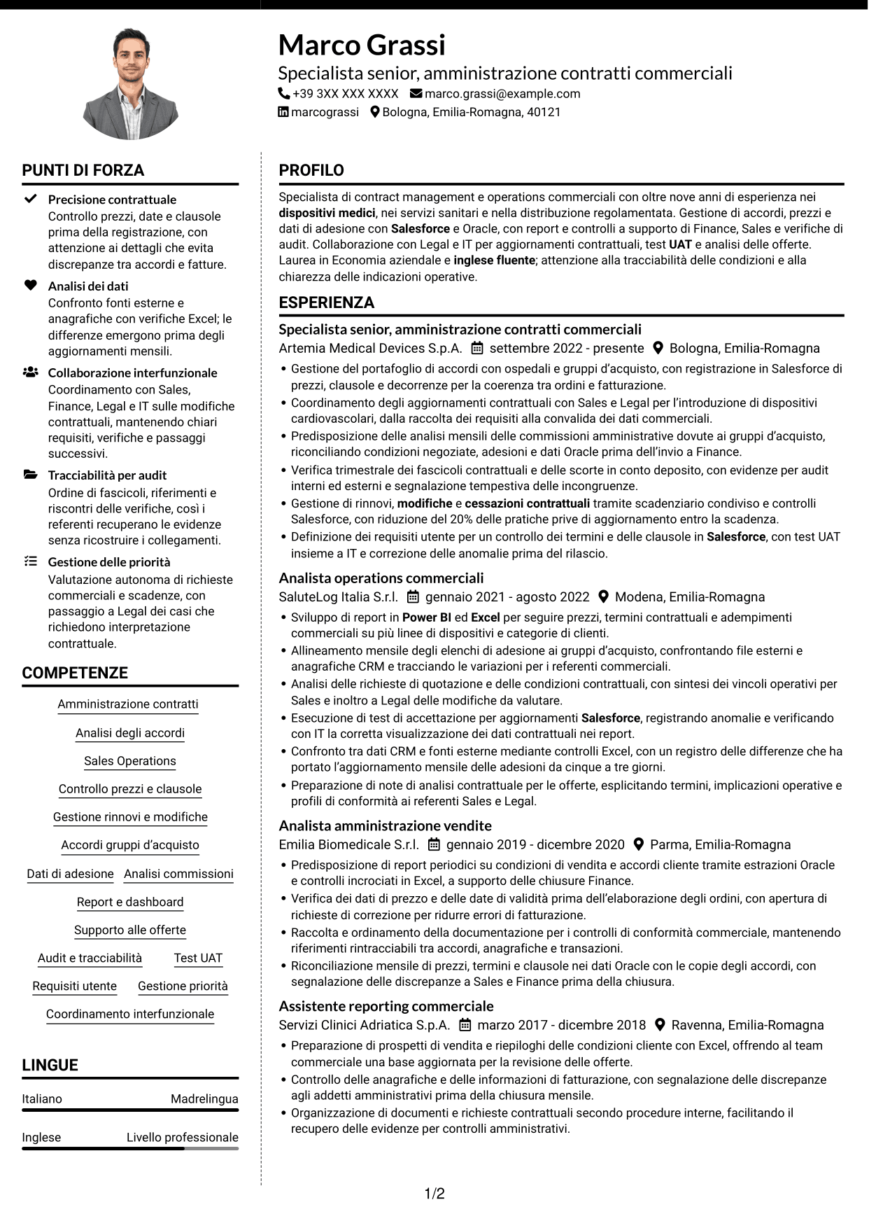 CV Moderno (formato a due colonne con foto a sinistra e separatore): Specialista gestione contratti - Dispositivi medici, pagina 1