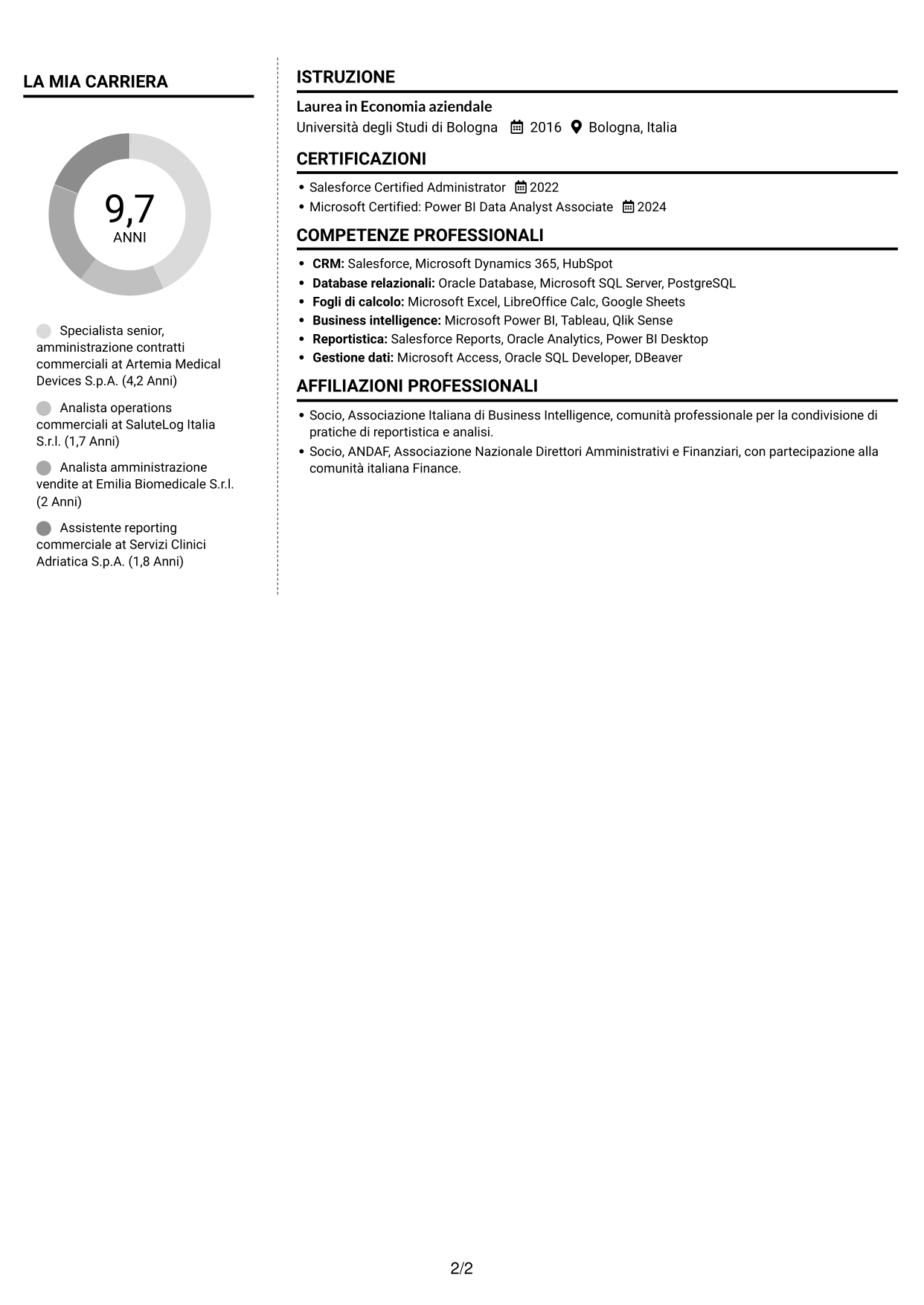 CV Moderno (formato a due colonne con foto a sinistra e separatore): Specialista gestione contratti - Dispositivi medici, pagina 2