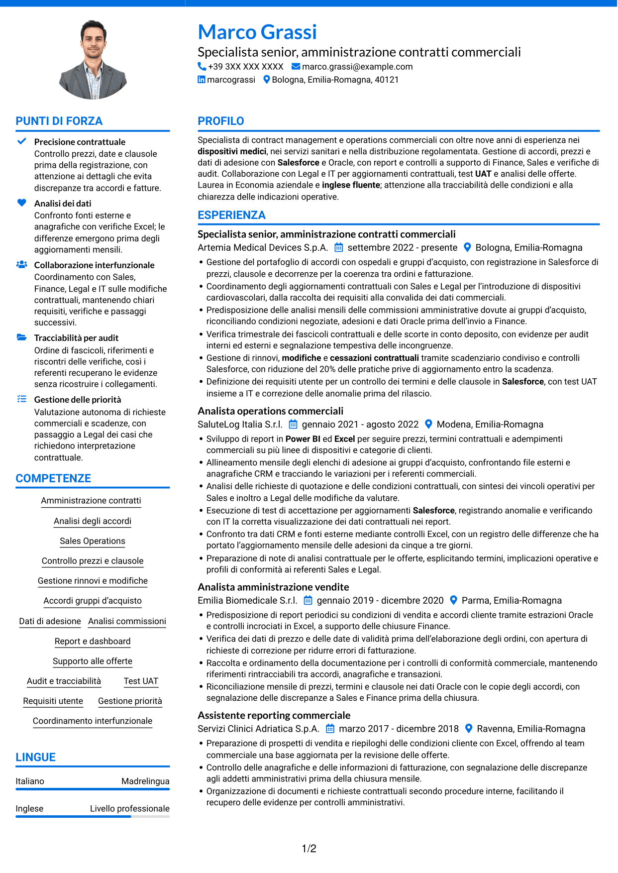 CV Audace (formato a due colonne con accenti colorati e foto): Specialista gestione contratti - Dispositivi medici, pagina 1