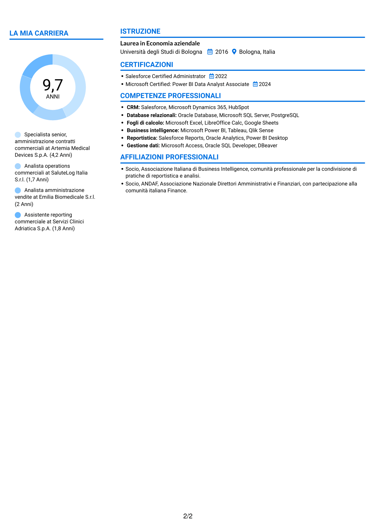 CV Audace (formato a due colonne con accenti colorati e foto): Specialista gestione contratti - Dispositivi medici, pagina 2