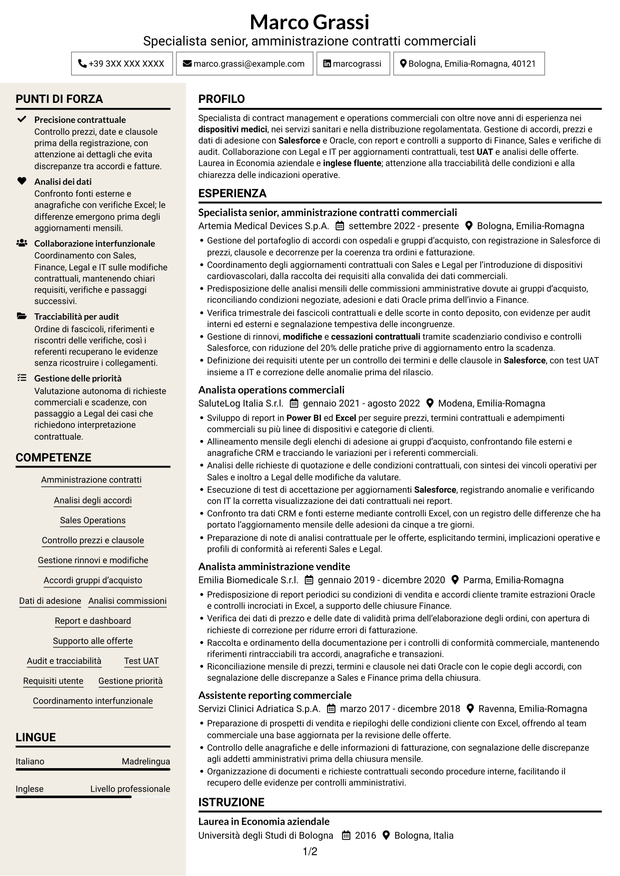 CV Intraprendente (formato a due colonne con intestazione centrata senza foto): Specialista gestione contratti - Dispositivi medici, pagina 1