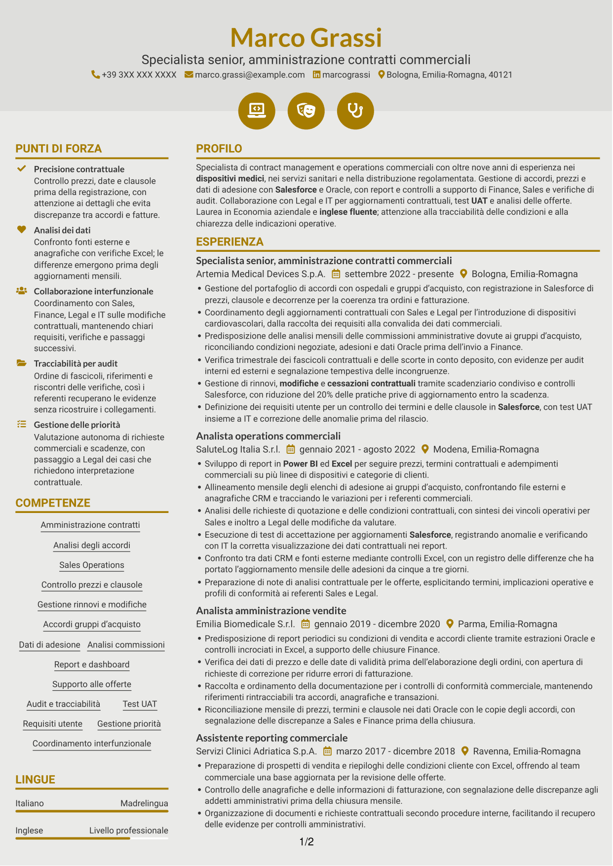 CV Dinamico (formato a due colonne con icone): Specialista gestione contratti - Dispositivi medici, pagina 1