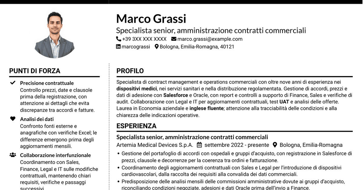 7 modelli di CV per Specialista gestione contratti - Dispositivi medici, con esempi