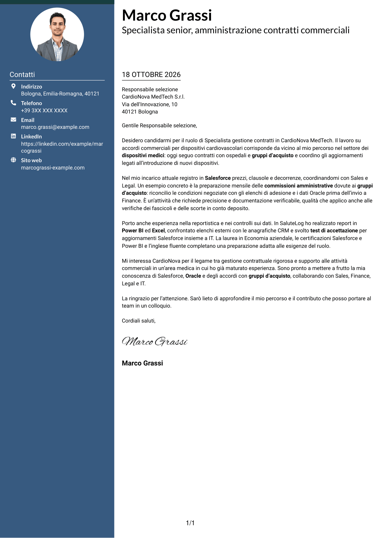 Lettera di presentazione Elegante (formato con colonna laterale colorata e foto): Specialista gestione contratti - Dispositivi medici, pagina 1