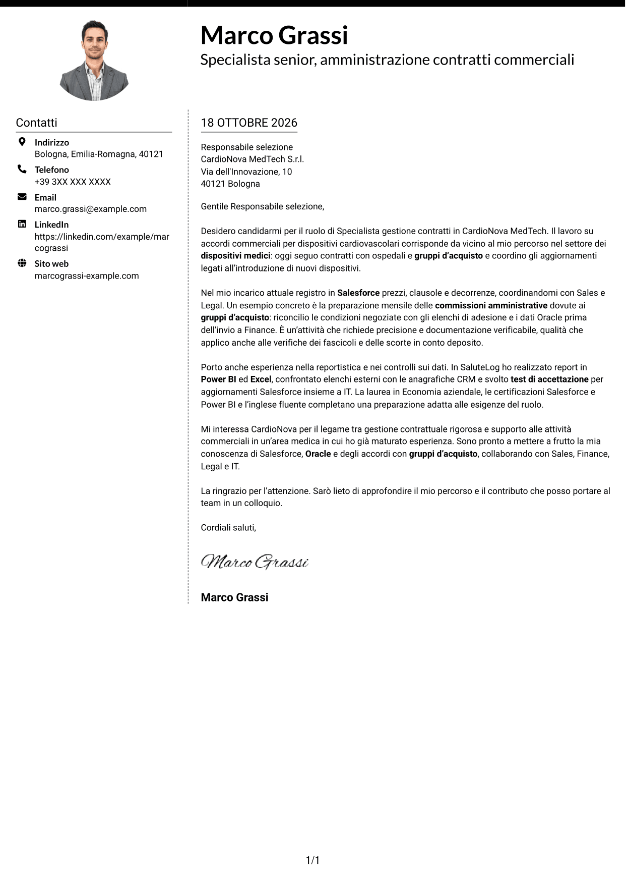 Lettera di presentazione Moderno (formato a due colonne con foto a sinistra e separatore): Specialista gestione contratti - Dispositivi medici, pagina 1