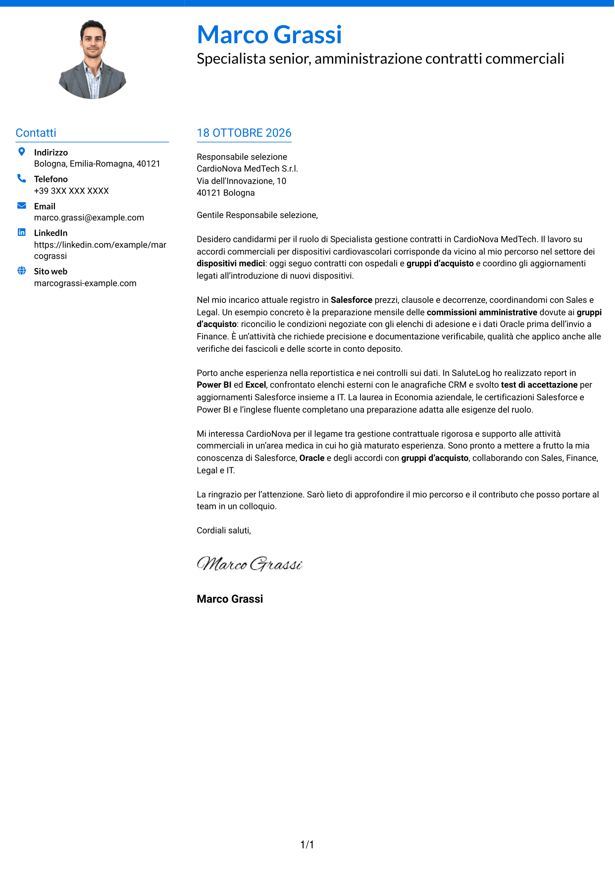 Lettera di presentazione Audace (formato a due colonne con accenti colorati e foto): Specialista gestione contratti - Dispositivi medici, pagina 1