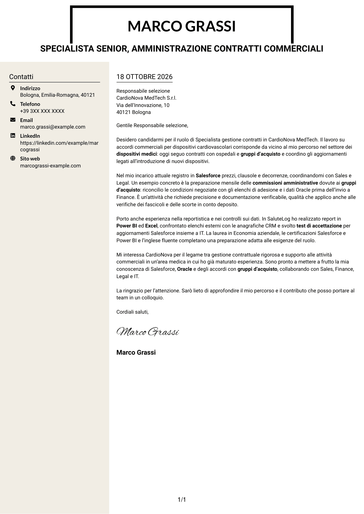 Lettera di presentazione Intraprendente (formato a due colonne con intestazione centrata senza foto): Specialista gestione contratti - Dispositivi medici, pagina 1