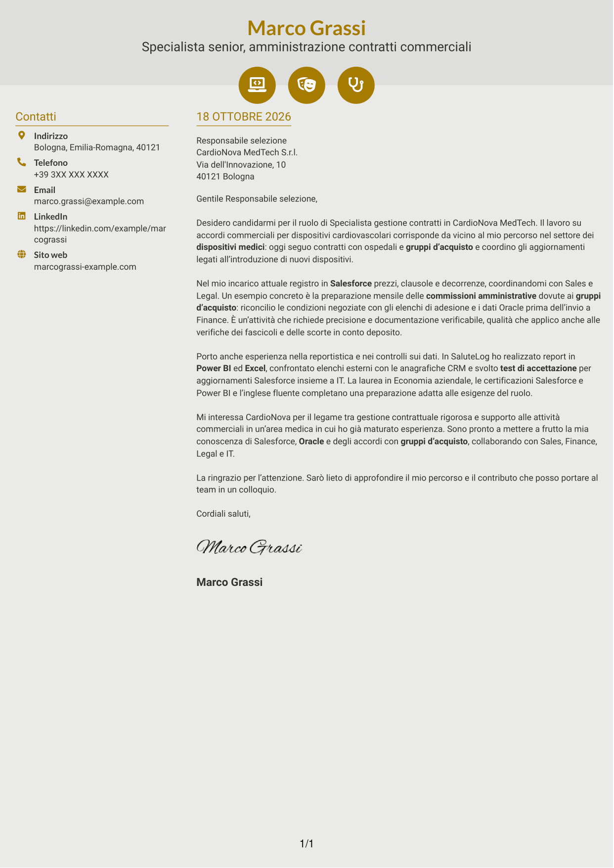 Lettera di presentazione Dinamico (formato a due colonne con icone): Specialista gestione contratti - Dispositivi medici, pagina 1