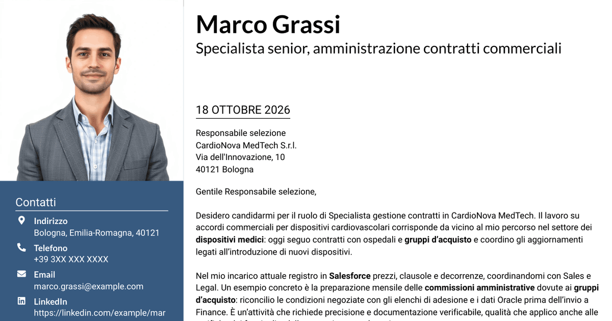 7 modelli di lettera di presentazione per Specialista gestione contratti - Dispositivi medici, con esempi