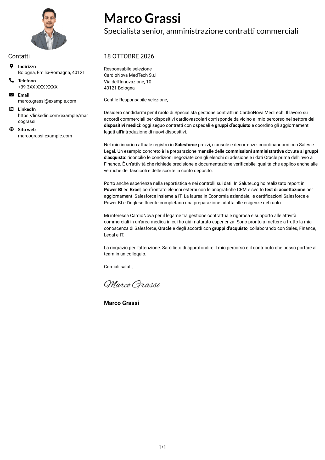 Esempio di lettera di presentazione — pagina 1