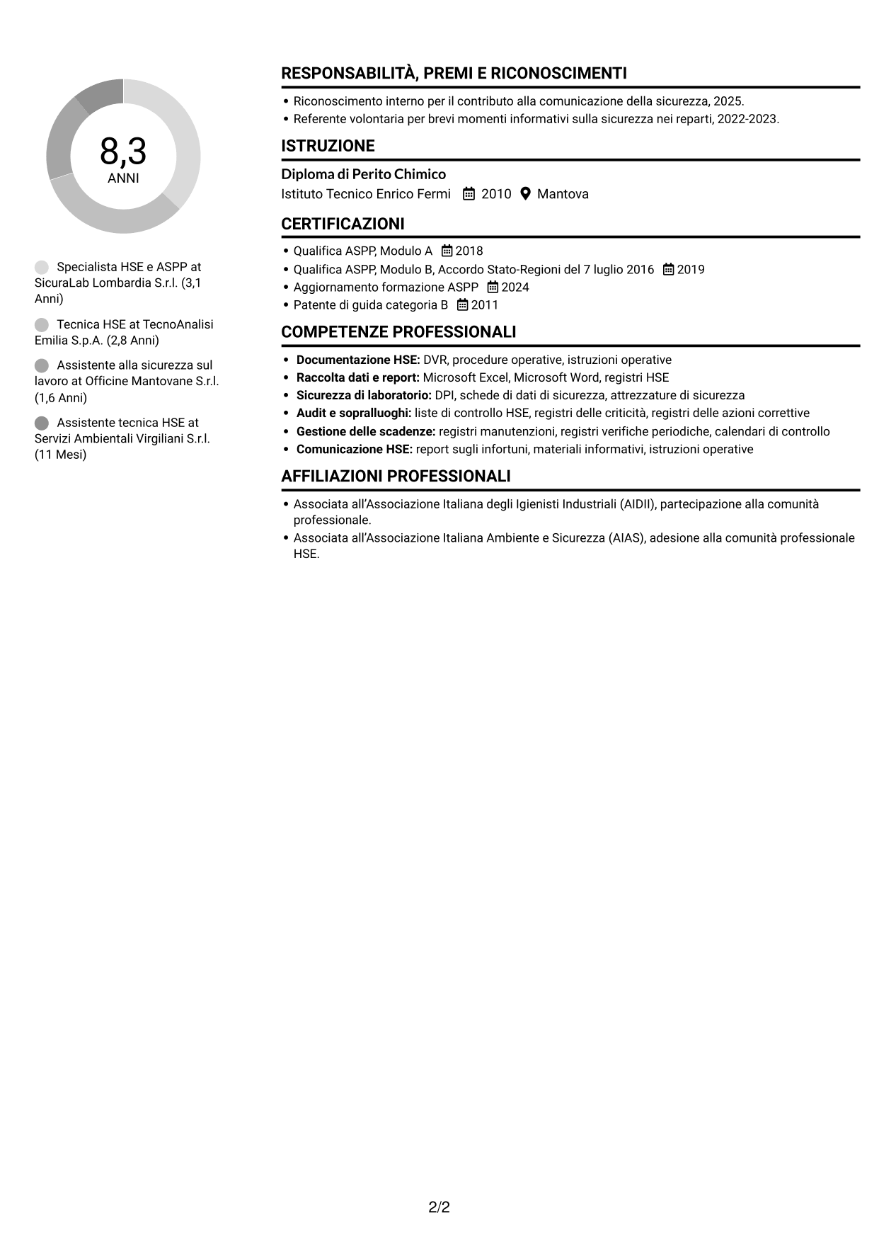 CV Compatto (formato sobrio a due colonne con foto): Specialista HSE e Qualità - ASPP, pagina 2